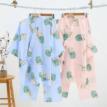 

Fashion Women's Sleep Lounge Pajamas Sets Cotton Print Yukata Bathrobe Top and Pants Girl Nightgown Sleepwear Homewear Pyjamas