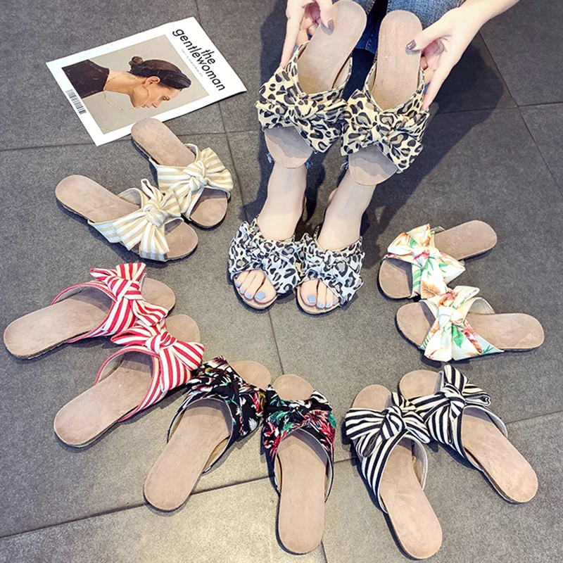 

Plus Size 42 Beach Slippers Women Summer Slippers Women Slides Flip Flops Leopard Bow Flower Ladies Home Slippers buty damskie