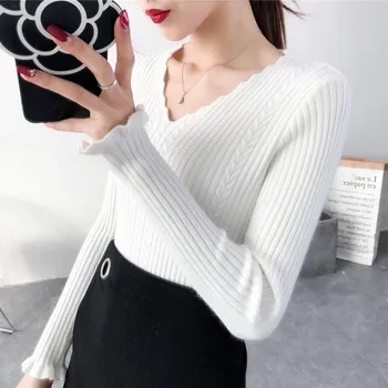

black white Autumn Winter Sweater Women solid Bell sleeve Knitted Sweater Pullovers tops V-neck Basic 2019 Ruffle tops YF094