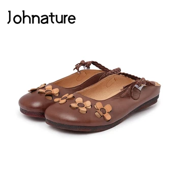 

Johnature Genuine Leather Floral New Summer Slippers Outside Fringe Slides Flat With Retro Weave Handmade Sandals Women Shoes