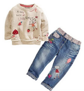 

2016 New Spring Baby Girls Clothing Set Children Kids Cartoon Sweater+Jeans Set Girls Clothes Retail
