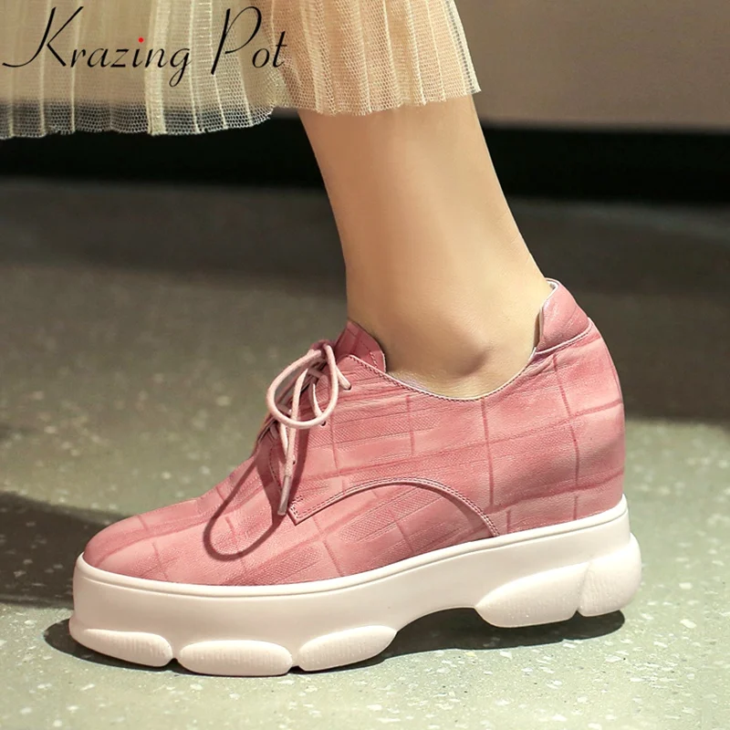 

2019 big size sheepskin round toe lace up solid increasing sneaker high heels wedges platform casual women vulcanized shoes Lb8