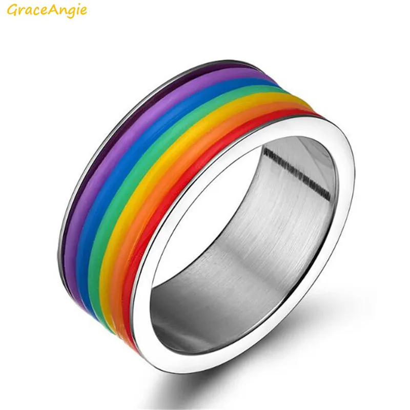

GraceAngie 1PC Stainless Steel Statement Corlorful Rainbow Pride Ring Go Out of the Closet Jewelry Gay Lesbian's Best Gift