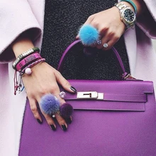 Lavida f23 anel de prata redimensionável para mulher e menina presente/moda jóias encantos genuíno vison pele bola pom poms anel