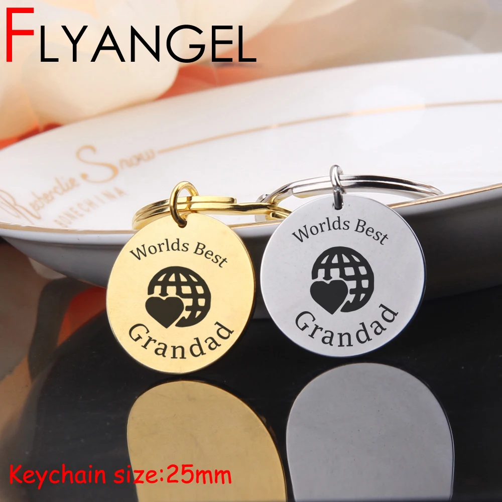 

FLYANGEL Fashion Keychain Grandpa Father's Day Keyring Jewelry Gifts Engraved Worlds Best Grandad Heart Earth Chic Key Tag
