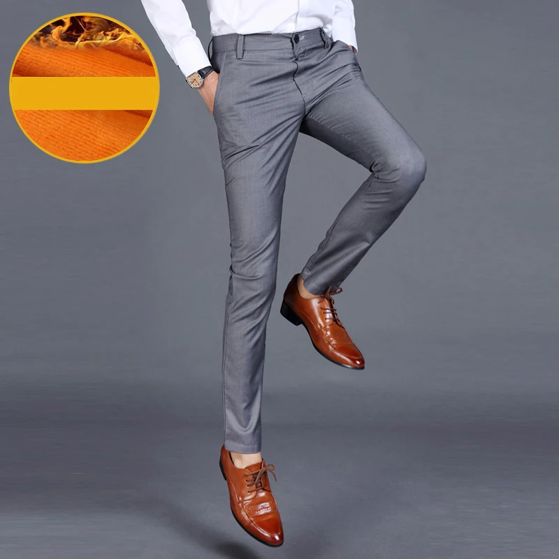 Grey-Velveting Костюм брюки мужские дружки Повседневное Для мужчин Бизнес длинные брюки Модные Новые Свадебные Марка Slim Fit MOOWNUC костюм штаны брюки штаны - Цвет: Grey-Velveting