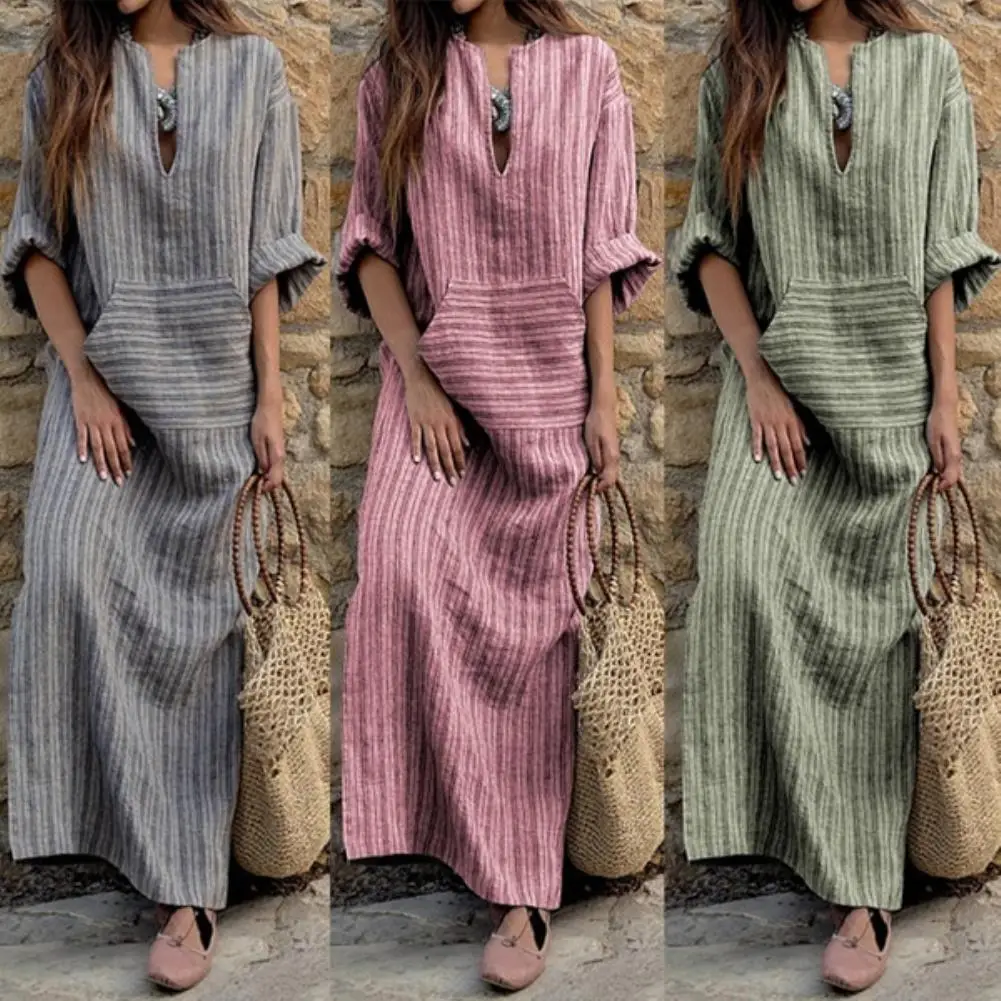 Vintage Stripe Print V-Neck Long Sleeve Women Loose Cotton Linen Maxi Dress New Chic | Женская одежда