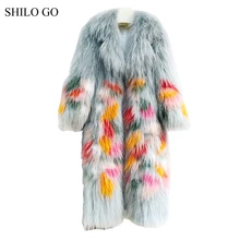 SHILO GO Fur Coat Womens Winter Fashion O Neck Real Raccon fur long coat Contrast color Long sleeve light green fur knitted coat