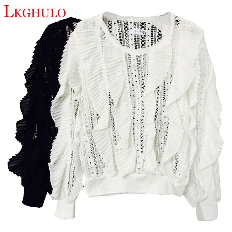 

LKGHULO Spring 2018 Lady New Sexy Lace Hollow Stitched Pullover Blouse O-Neck Long Sleeve Ruffle Sweet Causal Shirts A236