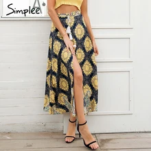 Женская черная юбка Simplee с цветочным принтом, длинная юбка с высокой талией и разрезом для лета, повседневная макси-юбка с оборками и поясом
