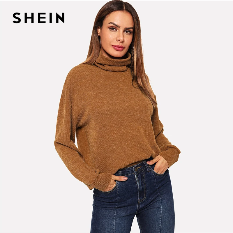 Ceny SHEIN brązowy jednokolorowy pulower z półgolfem Casual z długim rękawem minimalistyczne bluzy damskie jesień Highstreet prosta bluza