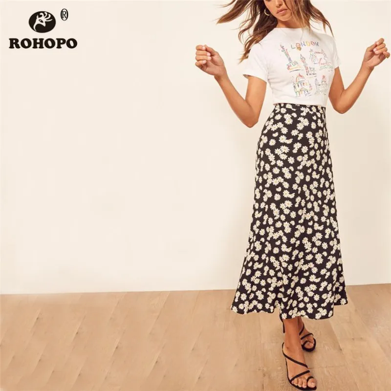 

ROHOPO Vintage Printed Daisy Skirt Flare Hem Floral Autumn Ladies Midi High Waist Skirts #YY103H