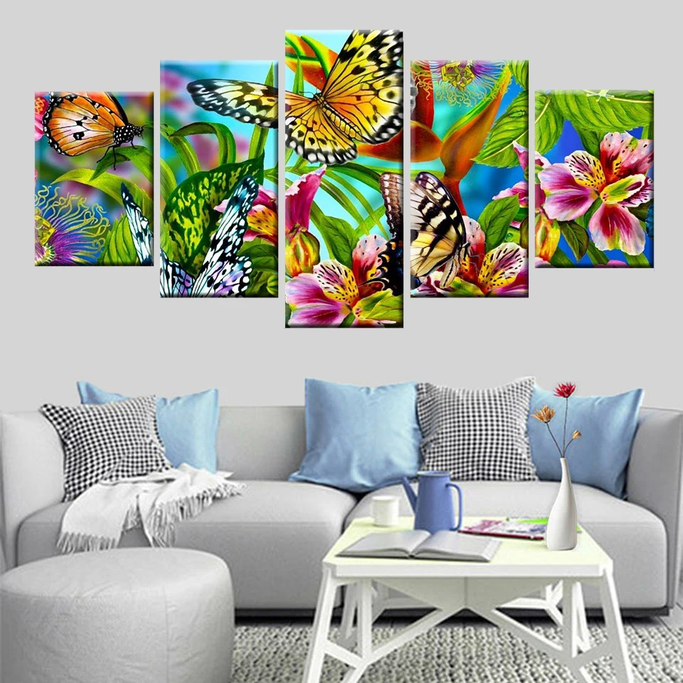 

5 pieces of modern canvas colorful flowers and butterflies picture wall art living room bedroom home decoration painting