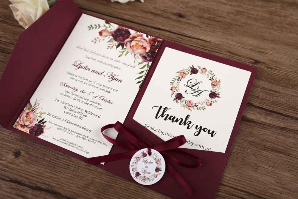 100 шт синие розовые свадебные приглашения с лентой и биркой бордовые поздравительные карты с конвертом индивидуальные вечерние, DH0001