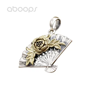

Vintage Two Tone 925 Sterling Silver Fan Shape Necklace Pendant with Gold Peony for Women Girls Free Shipping