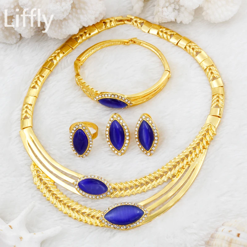 

2018 Fashion European Women 24 Gold Jewelry Sets Blue Crystal Necklace Ring Earrings Italian Bride Wedding Jewelry Accessories