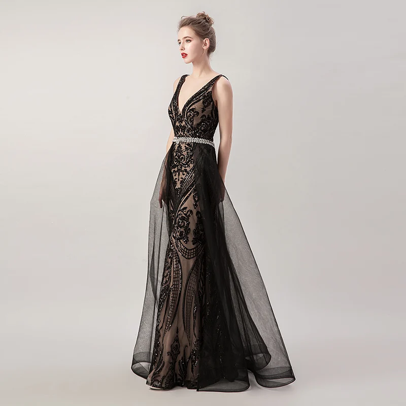 Robe De Soiree, Русалка, вечерние платья, съемный v-образный вырез, аппликация, сексуальный пояс, кристалл, тюль, вечерние платья, реальные фотографии, WT5265