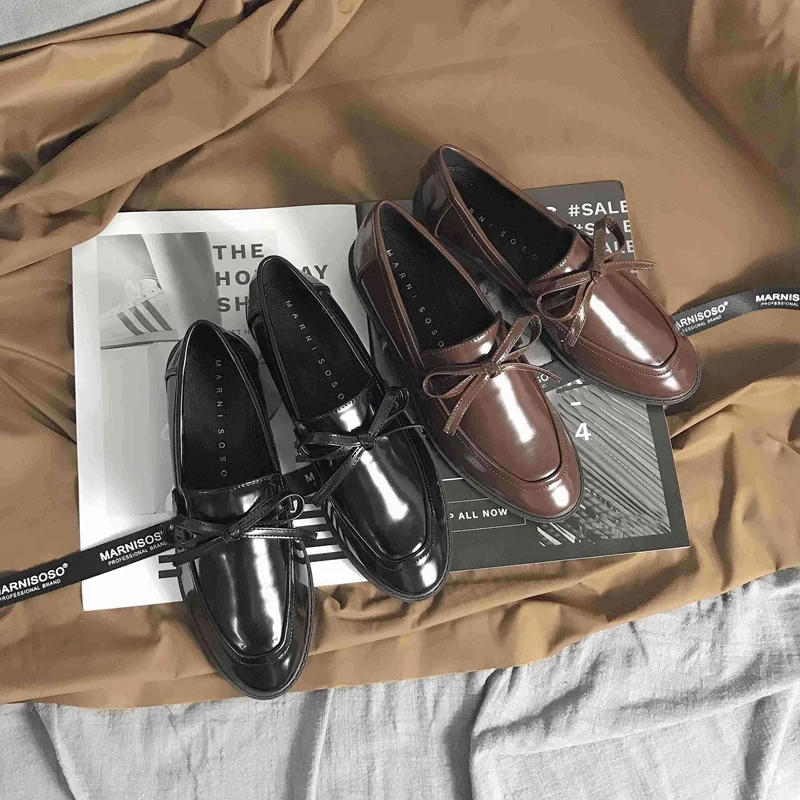 

2019 New women genuine leather brown oxford shoes woman flats brogues vintage retro lace on loafers casual flat shoes for women