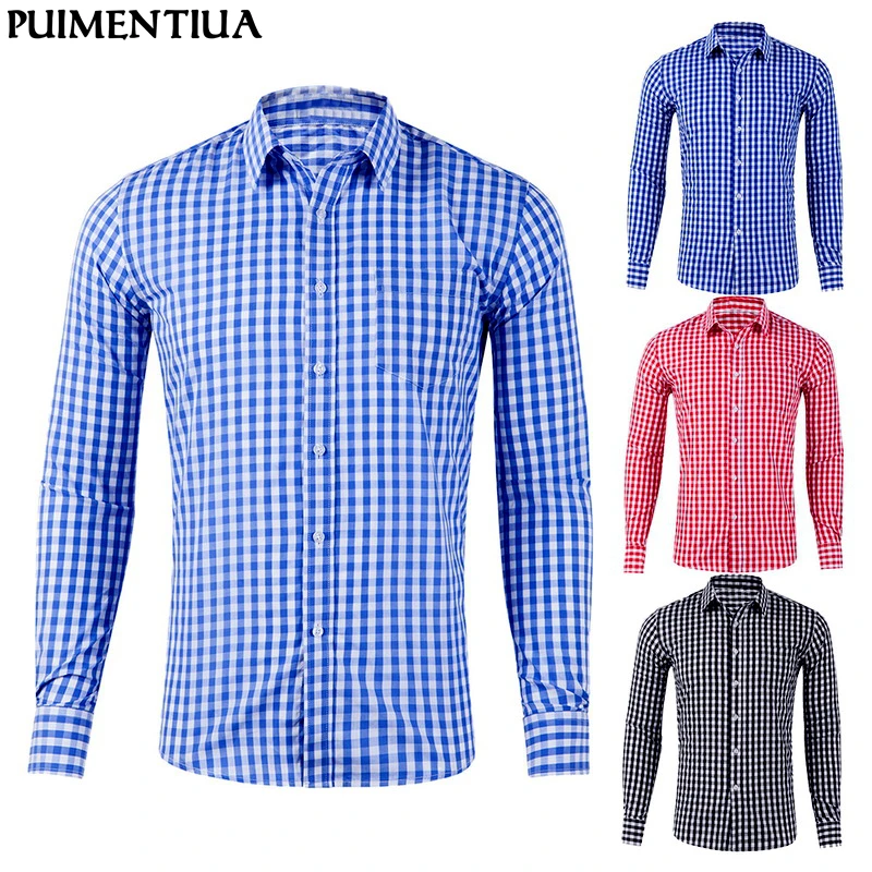 

Puimentiua 2019 Men's Plaid Shirts Fitness Dress Shirts Solid Fashion able Social Casual Shirts For Men Business Slim Men Shirts