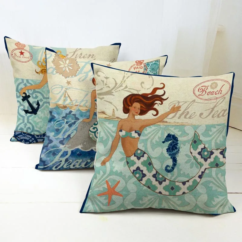 Bohemian Mermaid Cushion Case Coastal Seahorse Starfish Conch