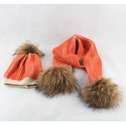Зимняя шапка для детей, вязаные шапочки в стиле пэчворк, шапка с помпоном из натурального меха и шарф, комплект для детей - Цвет: Оранжевый