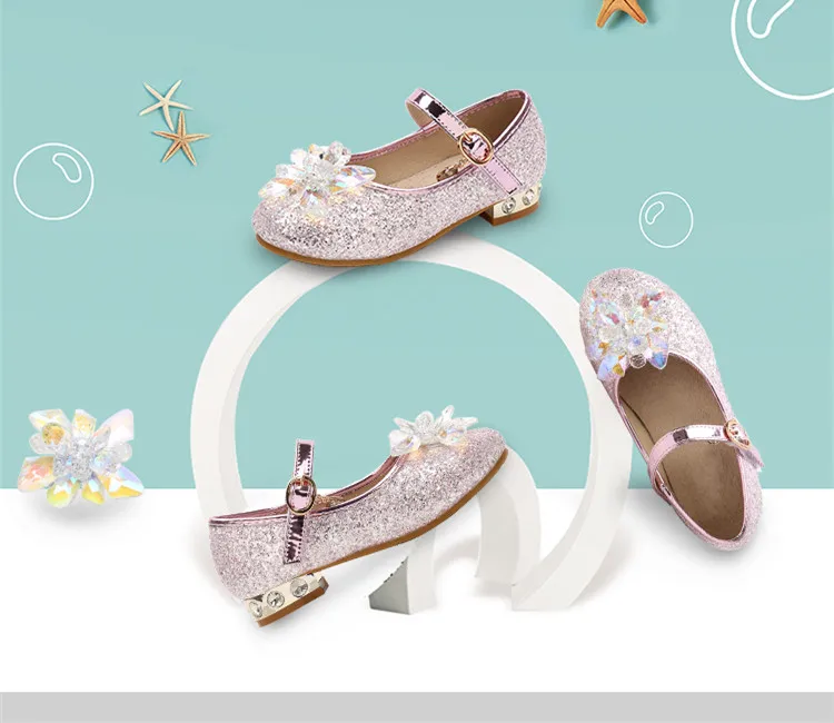 Новые детские кожаные туфли принцессы для девочек со стразами на высоком каблуке обувь с украшением в виде кристаллов для малышей Дети