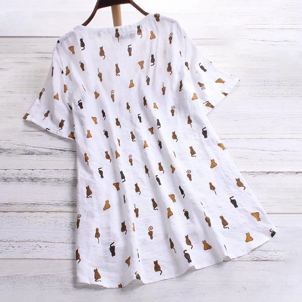 Летняя модная Льняная блуза на пуговицах с принтом кота размера плюс, повседневная женская футболка с коротким рукавом