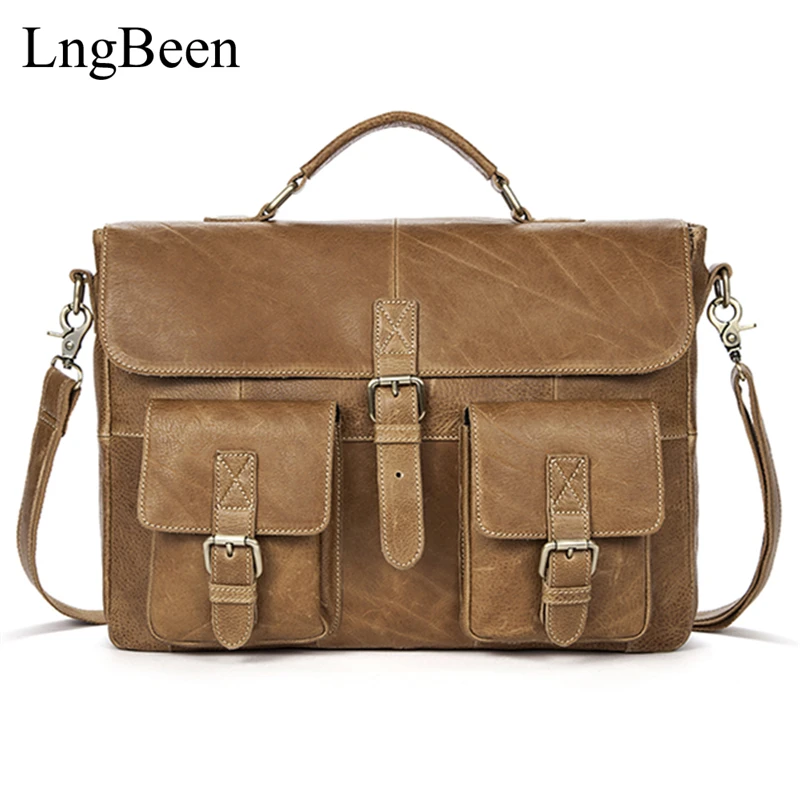 Lngbeen NEW Genuine Leather Brown Men Briefcase font b Laptop b font Business Bag Cowhide Men