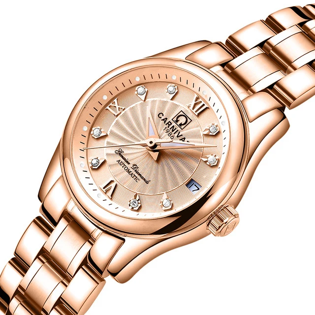 

Carnival Mechanical Watch Women Sapphire Stainless Steel Waterproof Ladies Full Rose Gold Wristwatch Windmill Relogio Feminino
