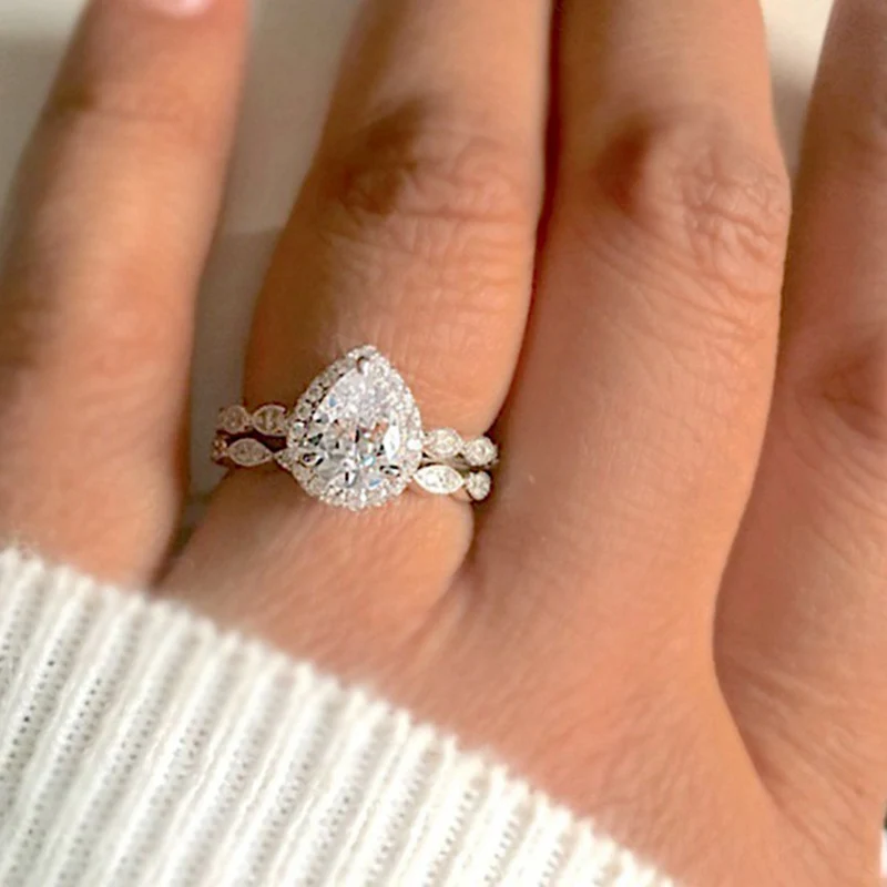 Obligation Silver Double Engagement Wedding Band Rings Pair Silver Oval zircon Ring Set For Women Bridal Jewelry