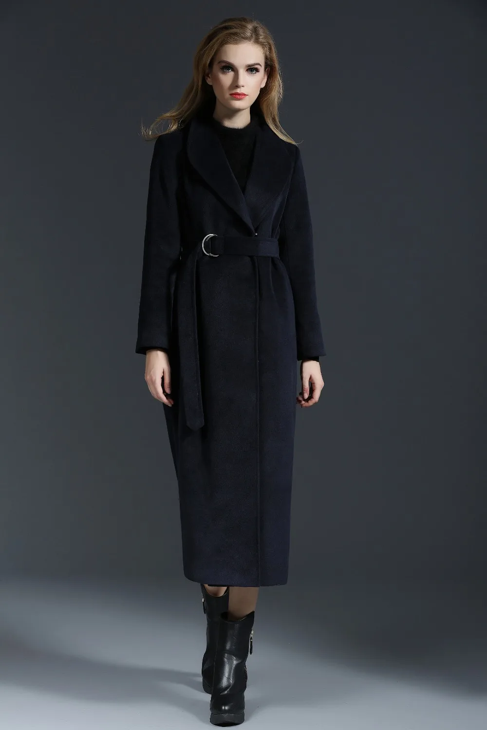 Elegant Dark Blue Ultra Long Design font b Women s b font Winter Woolen font b