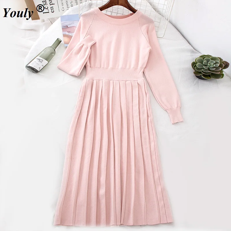 

2021 Elegant Autumn Winter sweater Knitted Jersey Dress Solid Women Thick Dress bishop Sleeve A-Line robe Slim Knit Party Dress