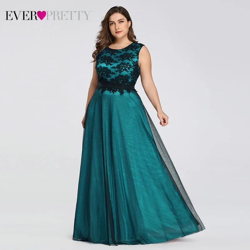 Платья для выпускного вечера размера плюс, длинные платья Ever Pretty EZ07545, элегантное бордовое кружевное платье с аппликацией из тюля, сексуальное темно-зеленое платье для свадьбы
