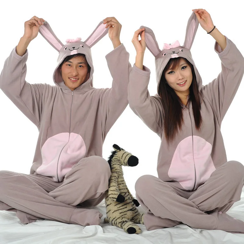 

Women Men Ladies Fleece onesie footed pyjamas for adults Winter Spring Gray Rabbit Bunny Pajamas Hooded Couple Sleepwear