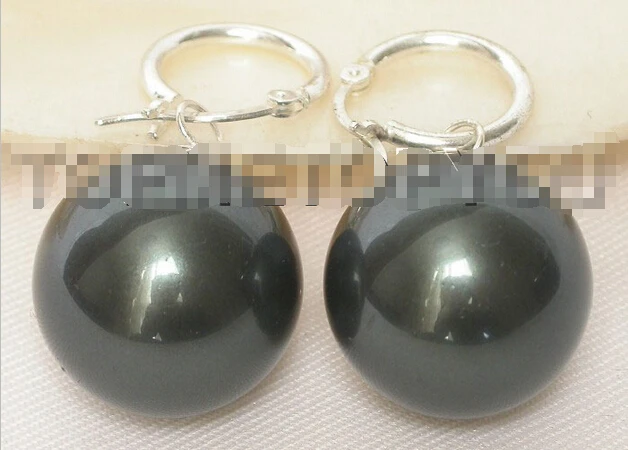 

-hot Dangle 20mm black round sea shell pearls earring 925sc hook E59