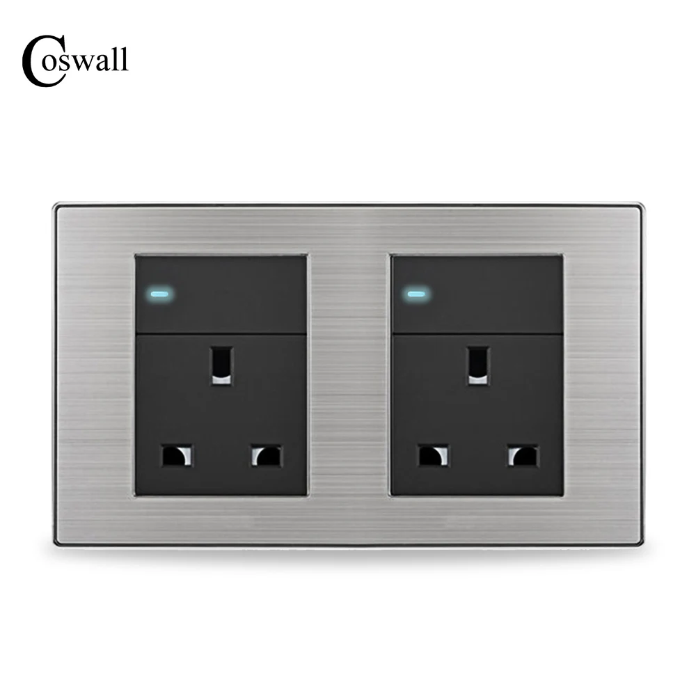 

COSWALL Double Panel 13A UK Standard Socket + On / Off Switch with LED indicator Stainless Steel Brushed Frame 160*86mm