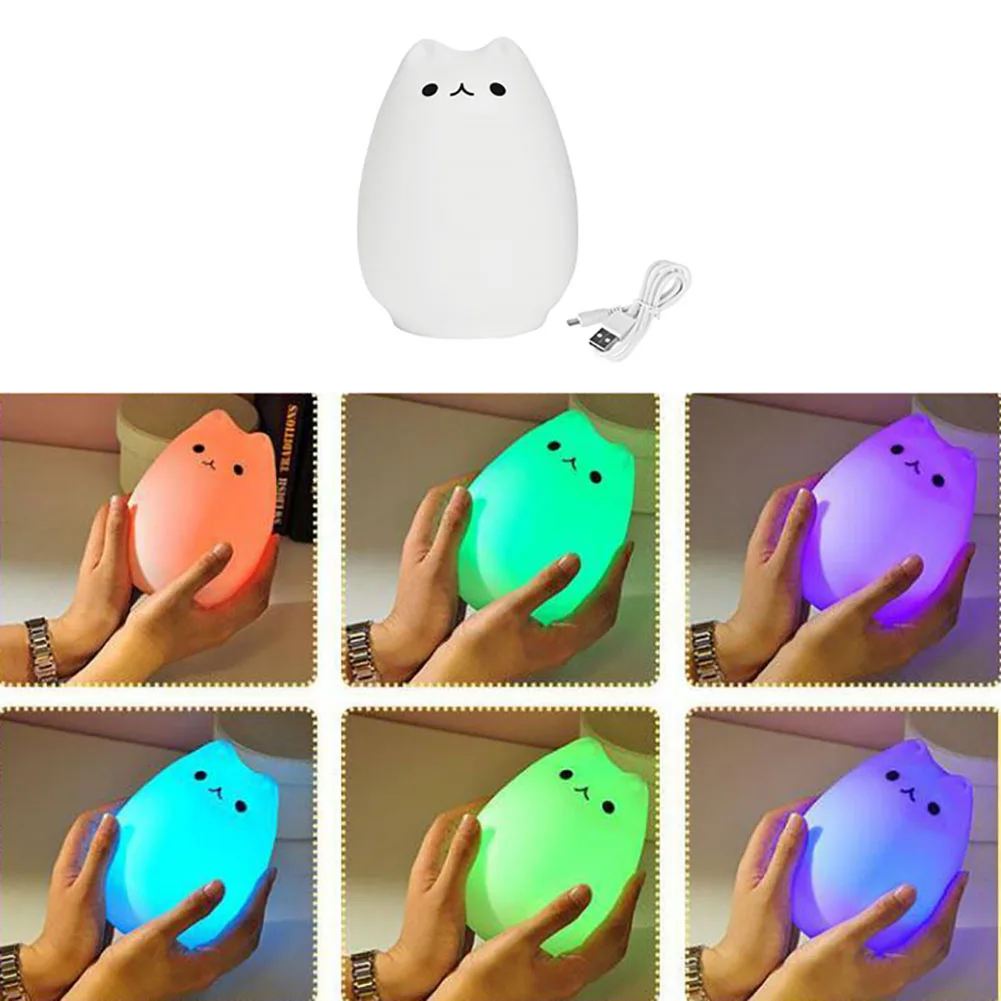 Cute Cat LED Night Light With 7 Colours Changing Lamp Built in Battery