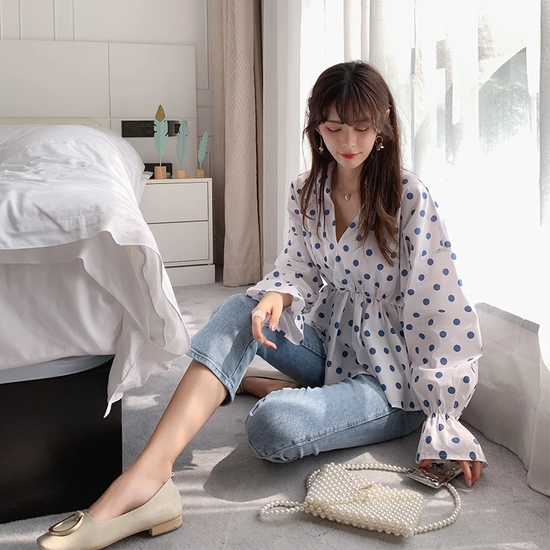 

Mishow 2019 summer new collection squared collar elasticated waist blue dots white shirt women blouse MX19B4625