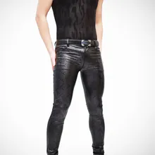 Мужские сексуальные узкие обтягивающие брюки, эластичные, змеиный принт, искусственная кожа, черные, стильные, Новинка