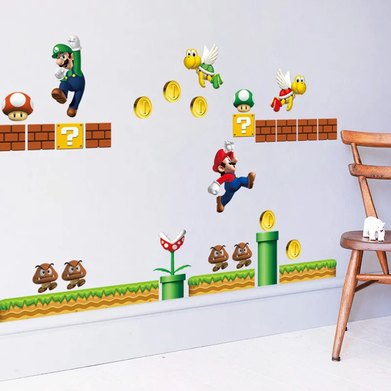 Super Mario Bros, съемные наклейки на стену, наклейки для детской комнаты, домашний декор, виниловая Фреска для детей, мальчиков, спальни, гостиной, Фреска, искусство