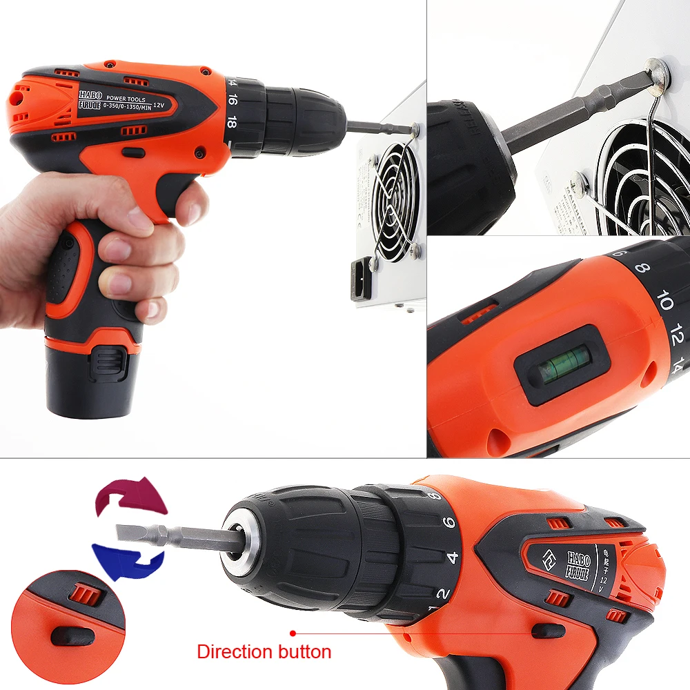 AC100-240V Handling Screws/Punching Cordless 12V Electric Screwdriver with 2 Lithium Batteries and Rotation Adjustment Switch