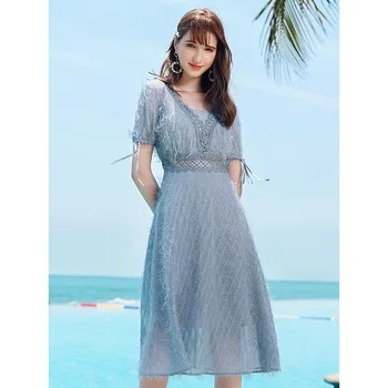 

2019 Summer New Style Brand Women V-neck Fringed Short Sleeve A-line Dress Temperament Lady Chiffon Dress 63275