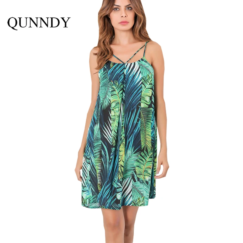Qunndy Summer A Line Dress Women Green Palm Leaf Print Backless Beach