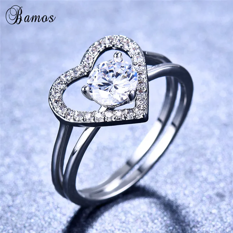 

Bamos Stackable Rings Set Double Heart Ladies Rings For Women Lovers 925 Sterling Silver Filled Crystal Jewelry Christmas gift