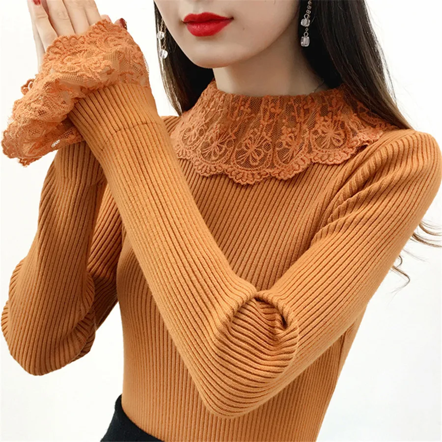High Elastic Knitted Sweater Women 2018 Autumn Winter lace embroidery Patchwork Long Sleeve Sweaters Pullovers Female | Женская одежда