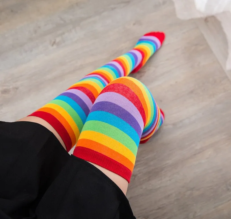 Women Stockings Cute Cotton Thigh High Mixed Colored Rainbow Striped Long Stockings Knitted Over