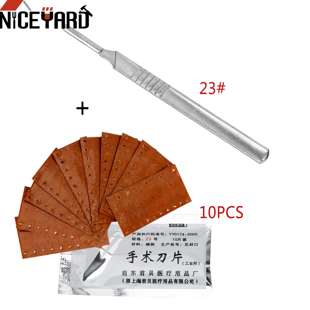 

NICEYARD 10 Pieces Scalpel Surgical Blades with 1 Pieces Handle Stainless Steel 23# 11# For PCB Circuit Board Carving knife