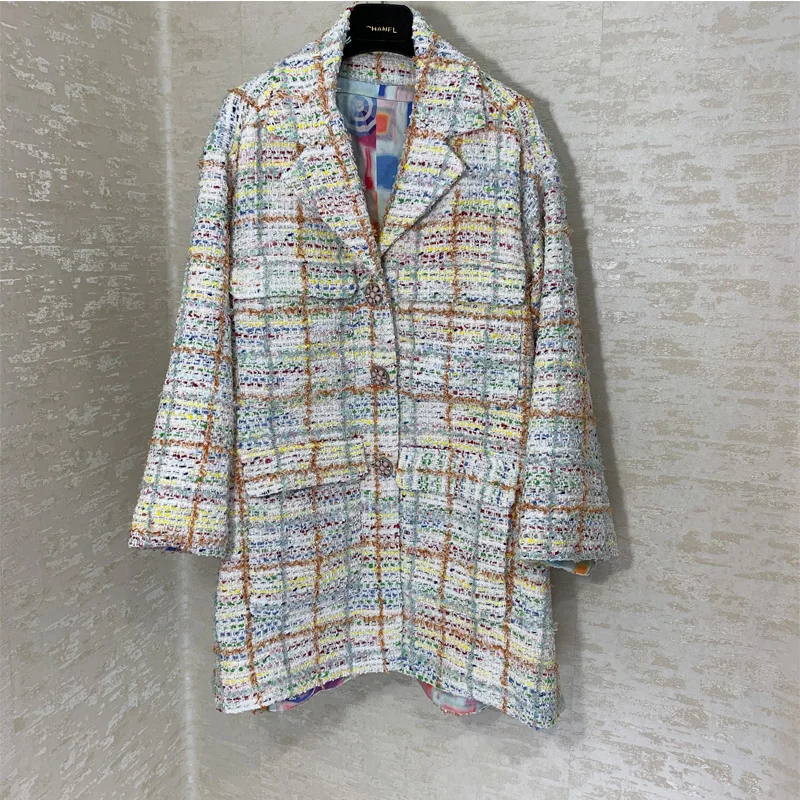 

High End Runway Fashion Custom Woven Fabrics Large Coat Women Fashion Long Sleeve Coat Loose Casual Women Woven Plaid Jacket
