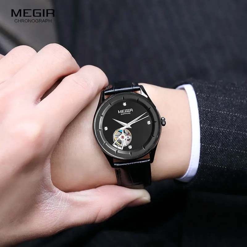 MEGIR мужские часы механические турбийоны Роскошные модные брендовые кожаные