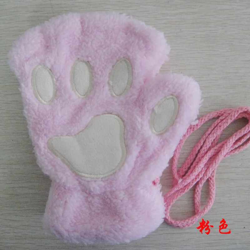 Winter cute cartoon cat girl mitt thickening fluff bear paw half finger gloves G22 - Цвет: Pink